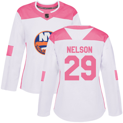 Adidas Women's Brock Nelson Authentic White/Pink Jersey: NHL #29 New York Islanders Fashion