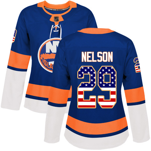 Adidas Women's Brock Nelson Authentic Royal Blue Jersey: NHL #29 New York Islanders USA Flag Fashion