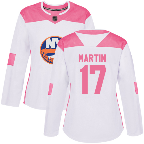 Adidas Women's Matt Martin Authentic White/Pink Jersey: NHL #17 New York Islanders Fashion