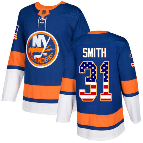 Adidas Men's Billy Smith Authentic Royal Blue Jersey: NHL #31 New York Islanders USA Flag Fashion