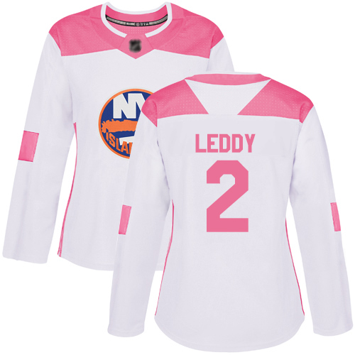 Adidas Women's Nick Leddy Authentic White/Pink Jersey: NHL #2 New York Islanders Fashion