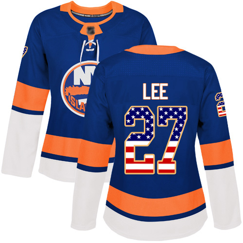 Women's Anders Lee Authentic Royal Blue Jersey: Hockey #27 New York Islanders USA Flag Fashion