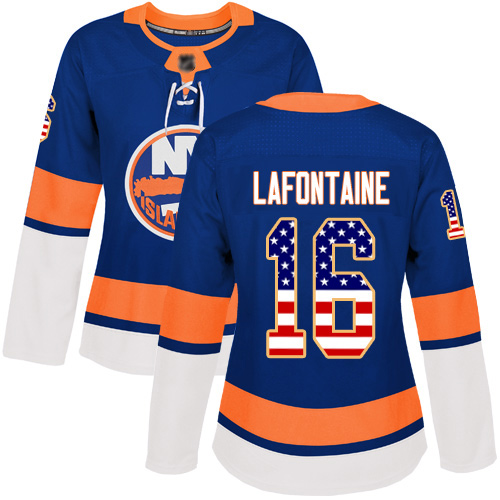 Women's Pat LaFontaine Authentic Royal Blue Jersey: Hockey #16 New York Islanders USA Flag Fashion