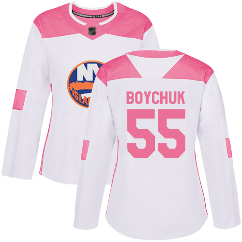 Adidas Women's Johnny Boychuk Authentic White/Pink Jersey: NHL #55 New York Islanders Fashion